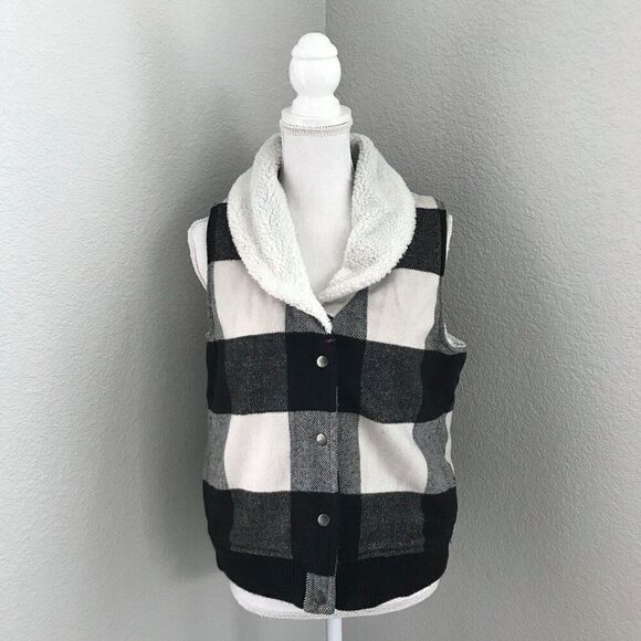 Marine Layer Women Large Black White Buffalo Check Wool Blend Sherpa Vest - Picture 2 of 8